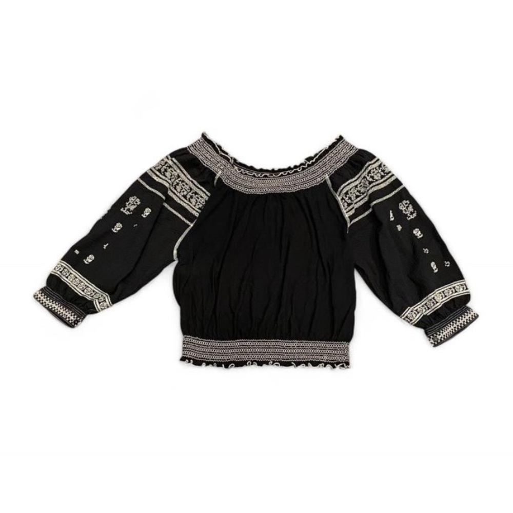 Free People Black and White Embroidered Blouse